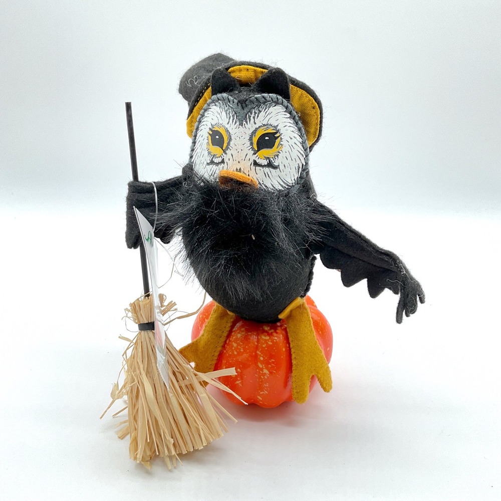 Annalee Halloween 7in Moonlight Owl on Pumpkin Witch Hat Broom Doll NEW